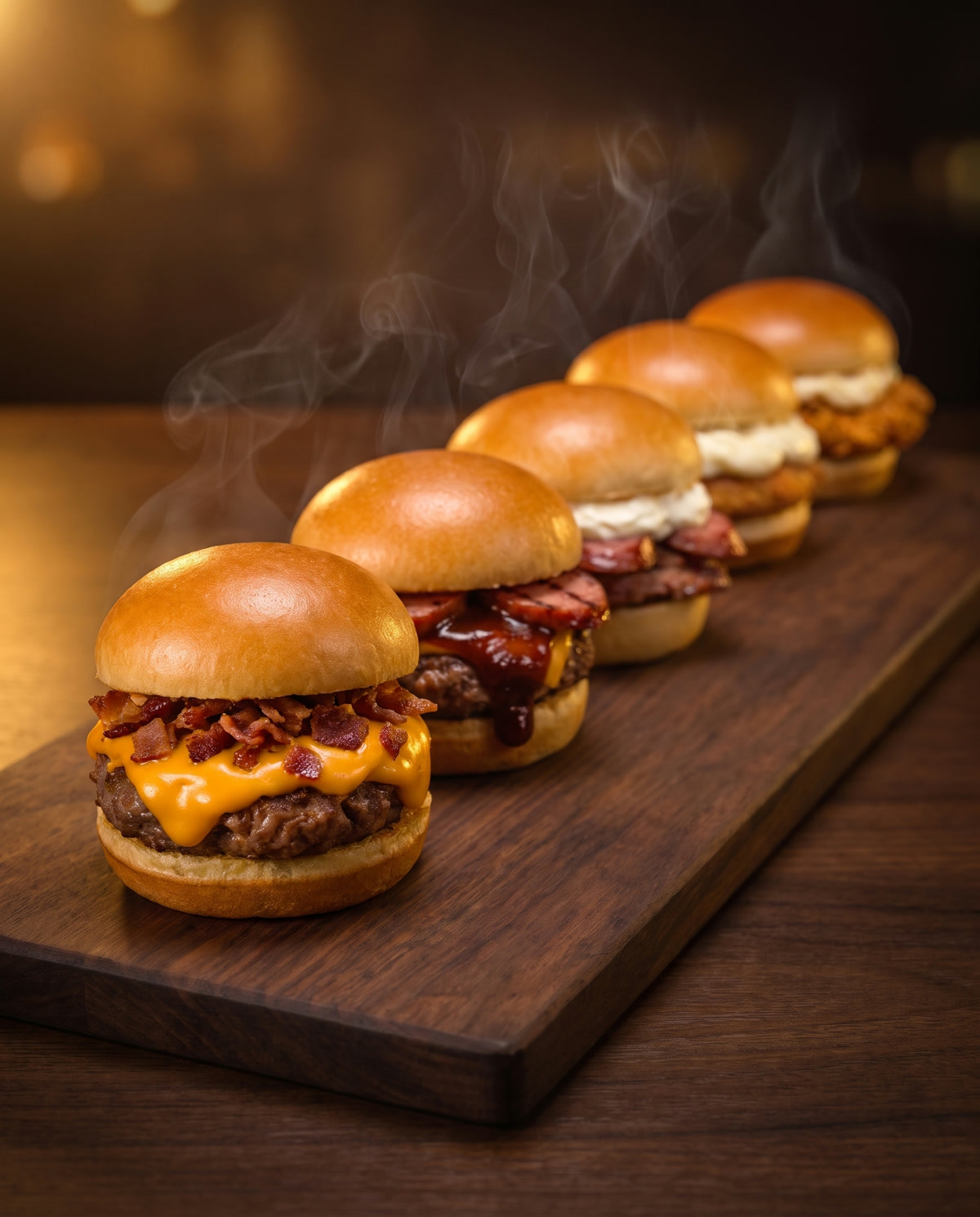 Vários mini lanches lado a lado numa tábua de madeira